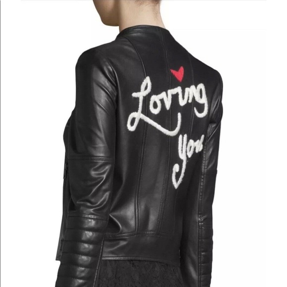 Alice + Olivia “Gamma" Embroidered Lambskin Leather Biker Jacket "Loving You" - Picture 3 of 14
